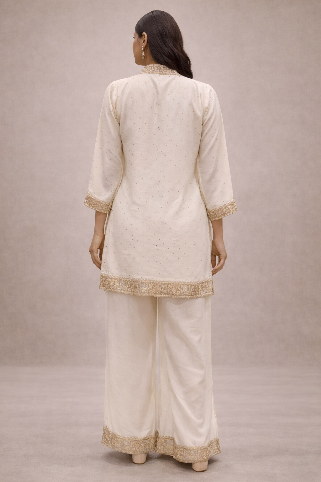 Ivory Vichitra Silk Kurta Pant Set with Embroidered Borders