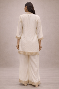 Ivory Vichitra Silk Kurta Pant Set with Embroidered Borders