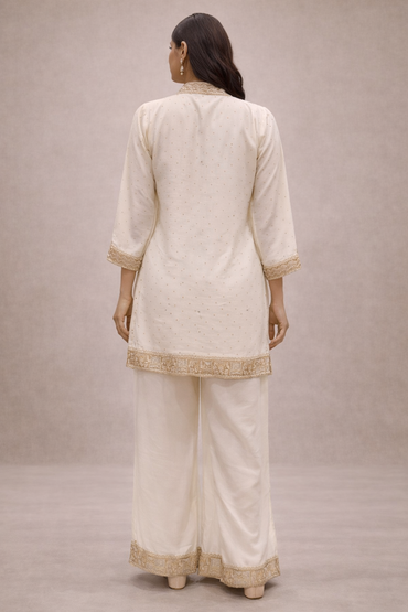 Ivory Vichitra Silk Kurta Pant Set with Embroidered Borders