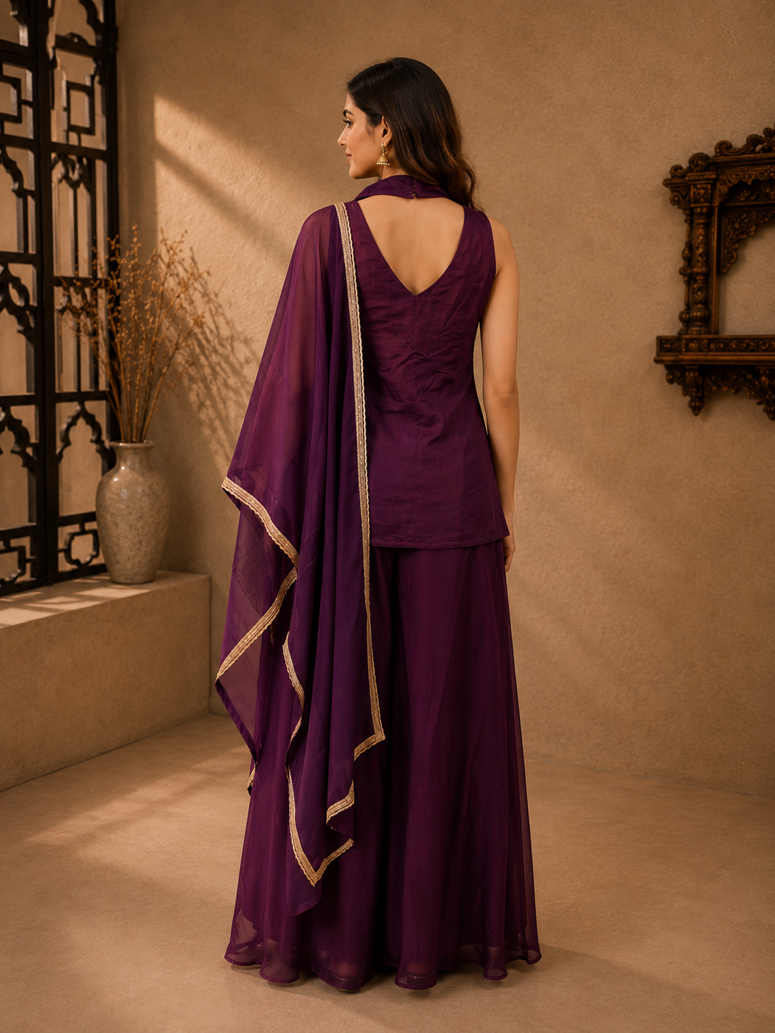 Royal Purple Silk Embroidered Sleeveless Kurta Set with Palazzo & Dupatta