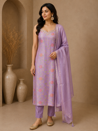 Premium Brocade Silk Floral Woven Straight Suit Set with Silk Dupatta – Lavender