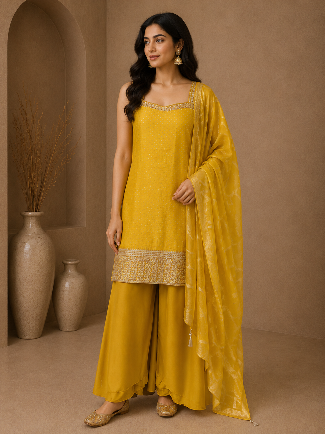 Premium Silk Straight Kurta Set with Palazzo & Woven Silk Dupatta – Mustard Yellow
