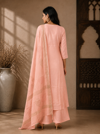 Elegant Peach Mul Chanderi Embroidered Kurta Set with Printed Dupatta