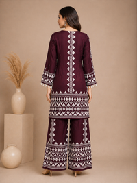 Wine Purple Ethnic Printed Rayon Kurta Set with Palazzo Pants
