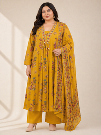 Women's Mustard Yellow Printed Cotton Anarkali Kurta Pant Set with Dupatta