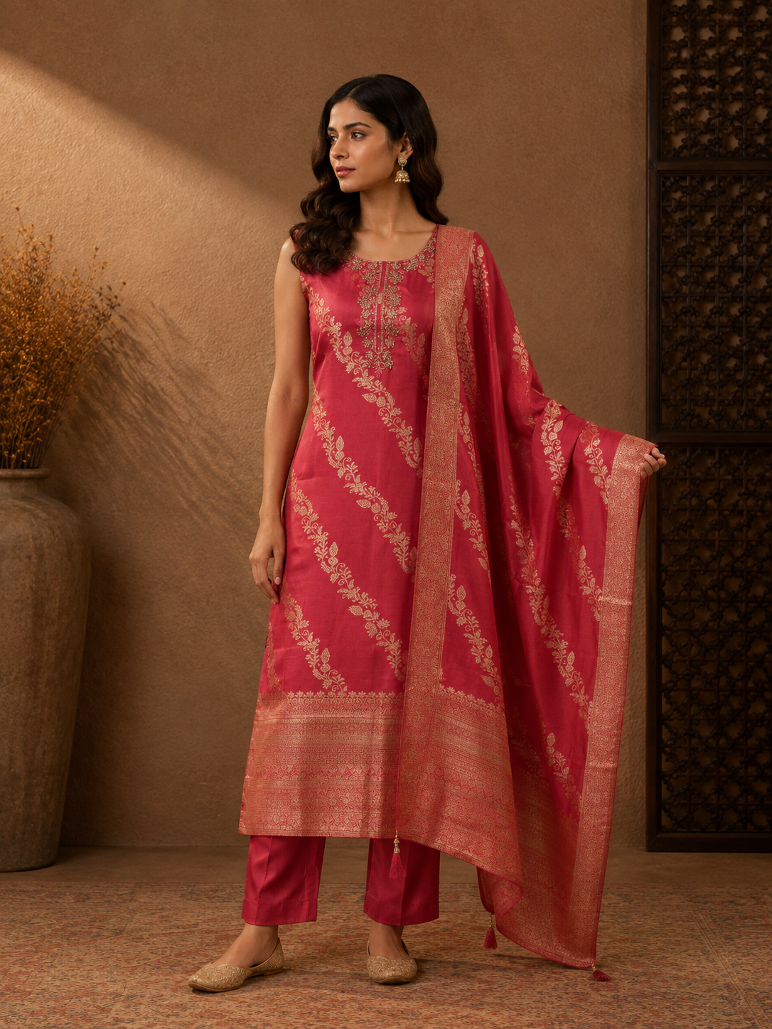 Rani Pink Banarasi Silk Woven Kurta Set with Matching Dupatta