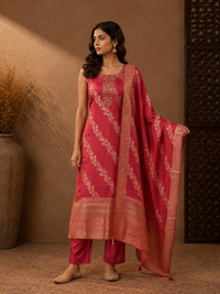 Rani Pink Banarasi Silk Woven Kurta Set with Matching Dupatta