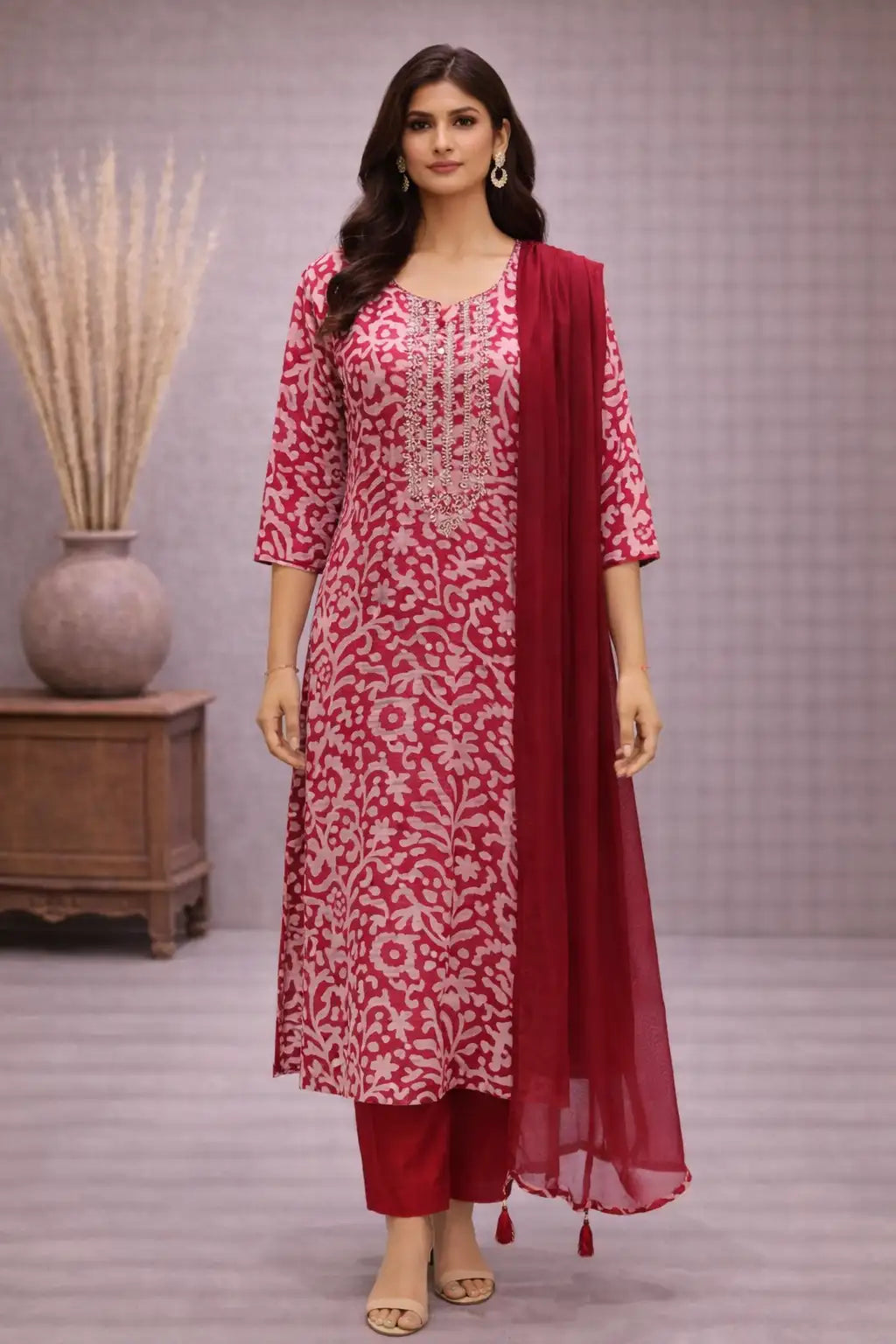 Elegant Maroon Chanderi Silk Printed Suit Set with Dupatta
