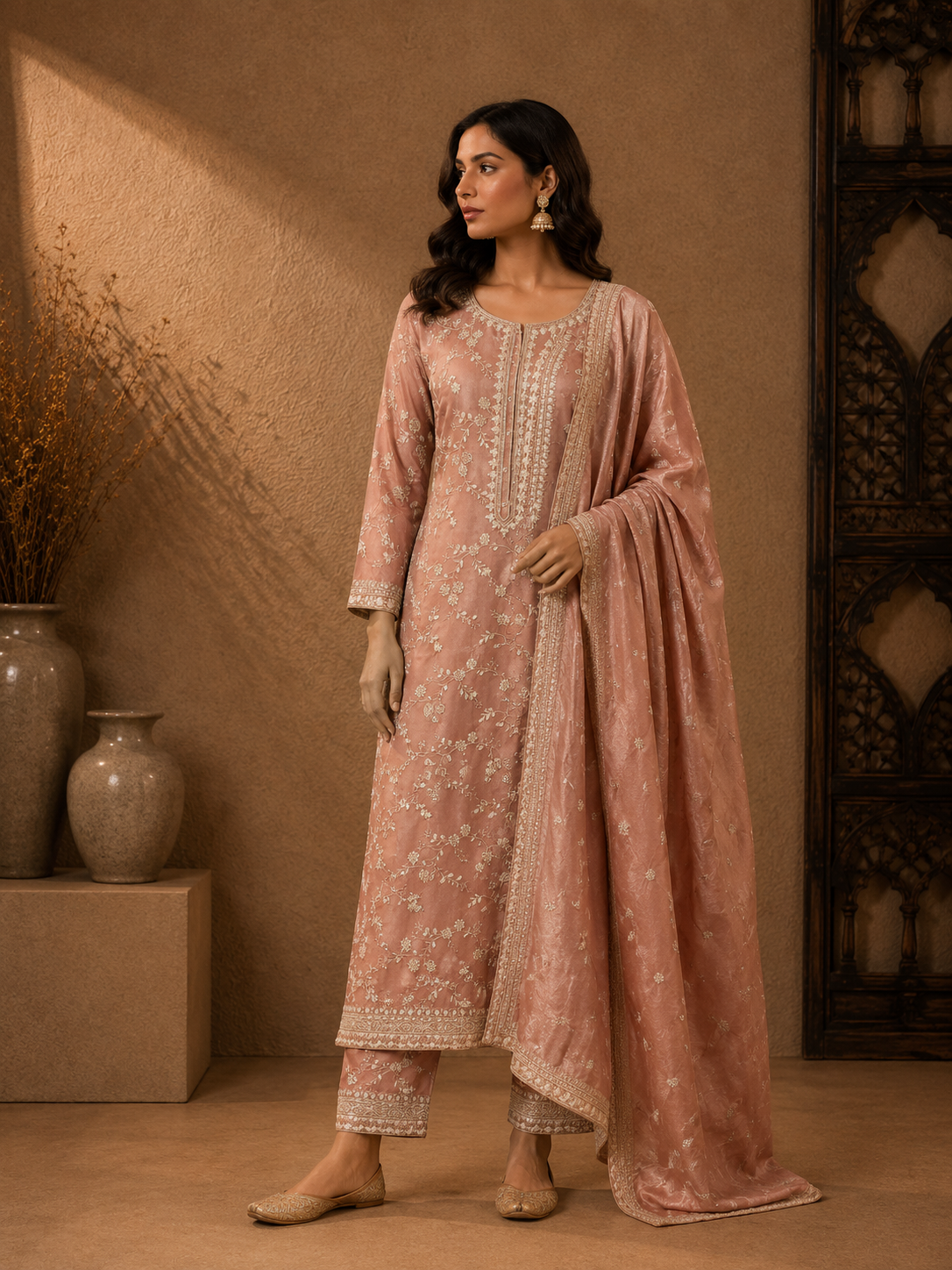 Dusty Rose Tissue Silk Embroidered Kurta Set with Matching Dupatta