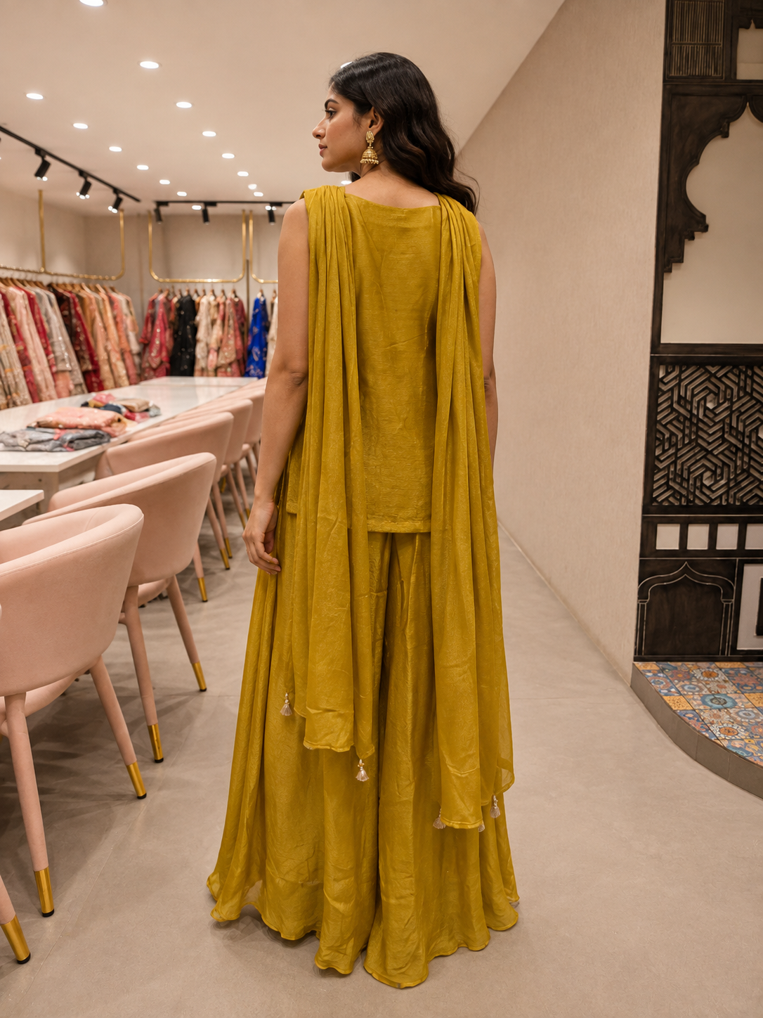 Mustard Yellow Silk Embroidered Short Kurta Set with Flared Palazzo & Dupatta