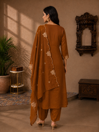 Premium Mul Chanderi Embroidered A-Line Suit Set with Mul Chanderi Dupatta – Cinnamon Brown