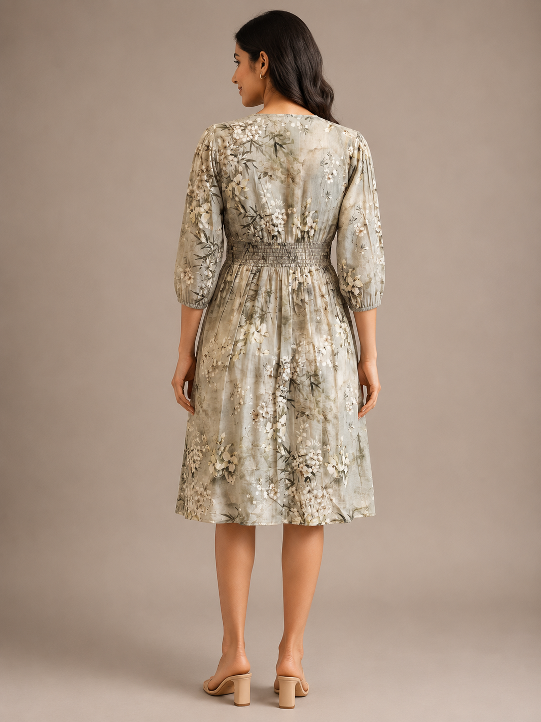Imported Lycra Sage Green Floral Printed Fit & Flare Midi Dress for Women