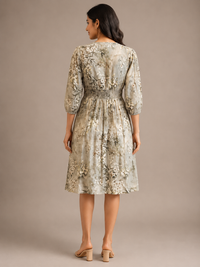 Imported Lycra Sage Green Floral Printed Fit & Flare Midi Dress for Women