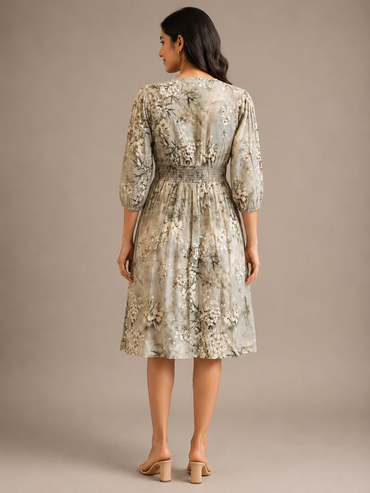 Imported Lycra Sage Green Floral Printed Fit & Flare Midi Dress for Women