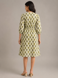 Imported Lycra Printed Fit & Flare Midi Dress – Ivory & Olive Green
