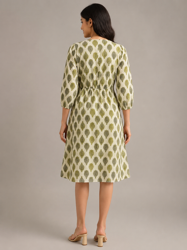 Imported Lycra Printed Fit & Flare Midi Dress – Ivory & Olive Green