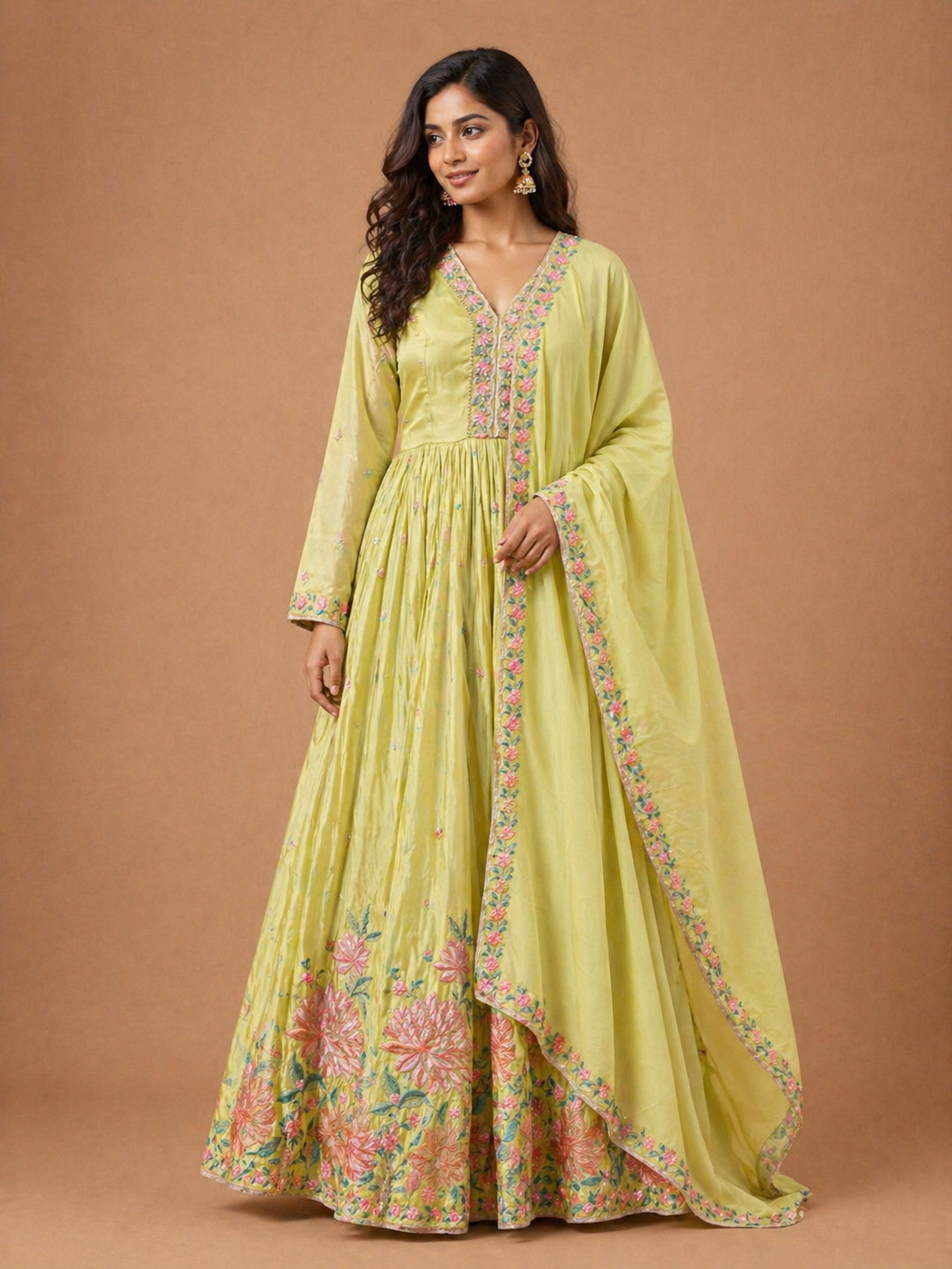 Lime Green Floral Anarkali Set with Dupatta | Mehendi & Wedding Wear