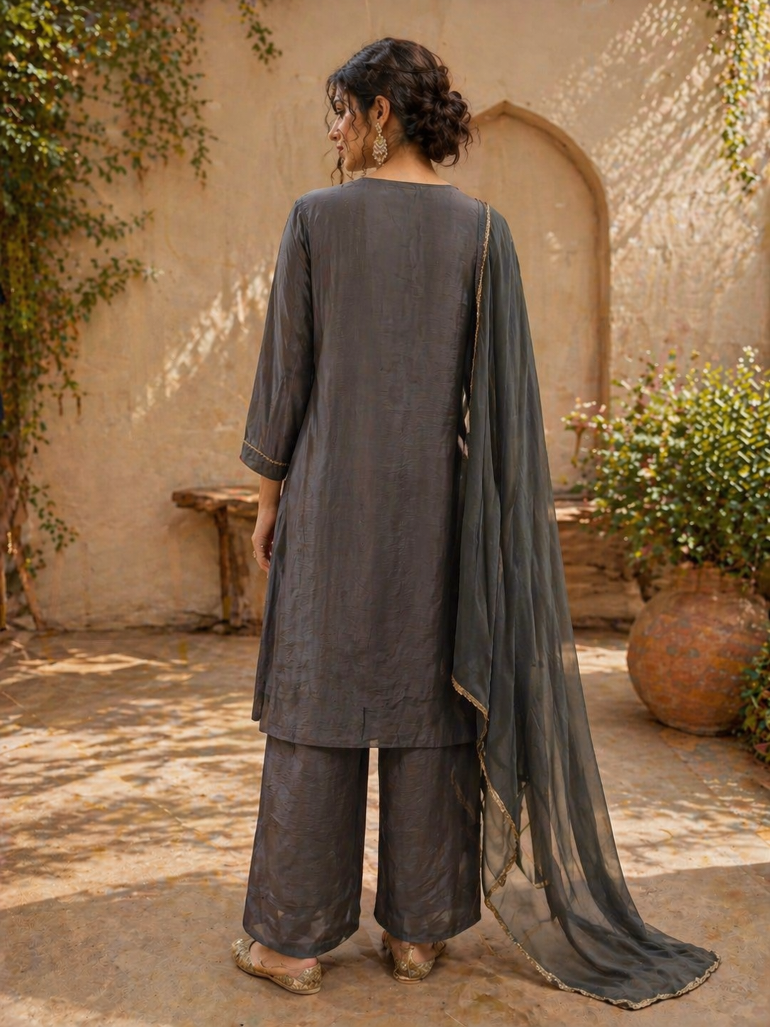 Charcoal Grey Chinnon Silk Anarkali Suit Set with Dupatta | Elegant Festive Wear