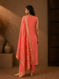 Coral Pink Vichitra Silk Straight Kurta Set with Woven Dupatta