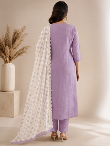 Lavender Vichitra Silk Embroidered Straight Cut Suit Set with Printed Dupatta