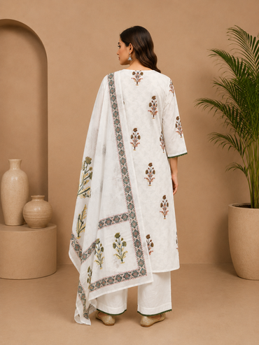 Women's Cotton Block Print Kurta Pant Set with Dupatta