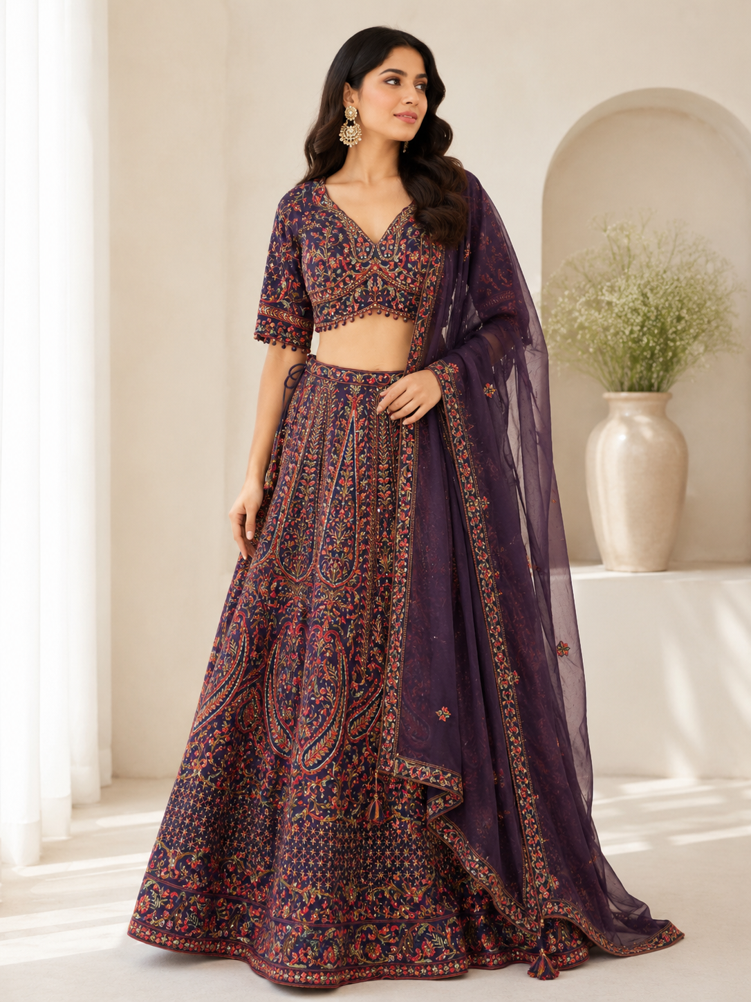 Royal Purple Silk Designer Lehenga Choli with Embroidered Dupatta