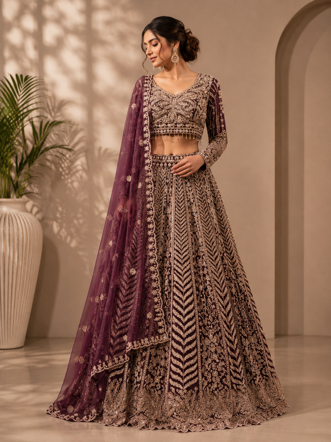 Wine Purple Embroidered Bridal Lehenga Set with Net Dupatta