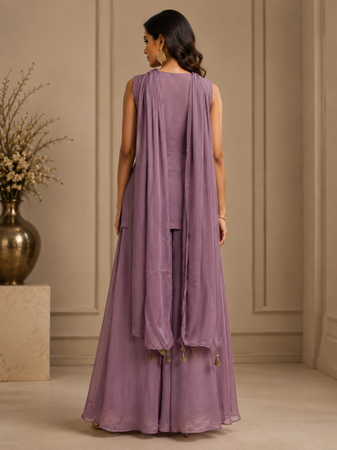 Lavender Silk Embroidered Peplum Kurta with Flared Sharara Set