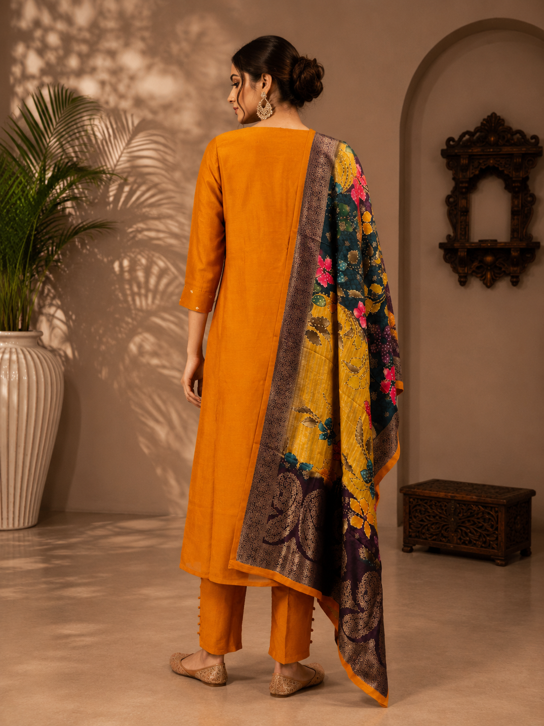 Mustard Yellow Vichitra Silk Straight Suit Set with Floral Printed Dupatta
