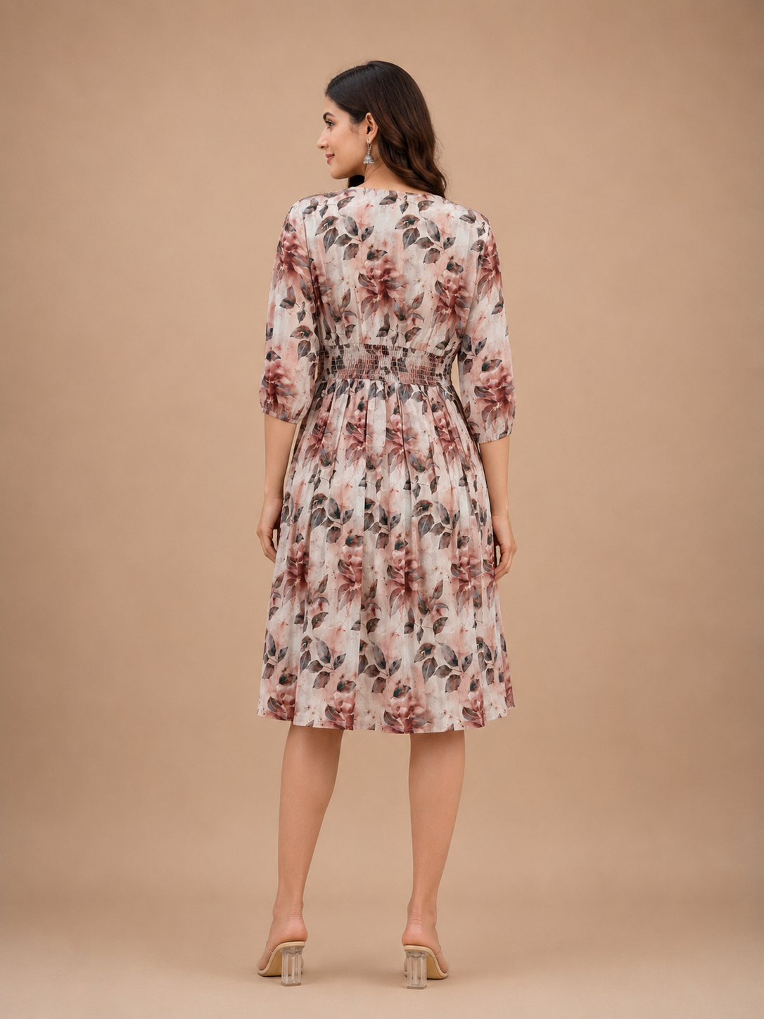 Imported Lycra Floral Print Fit & Flare Midi Dress – Blush Pink