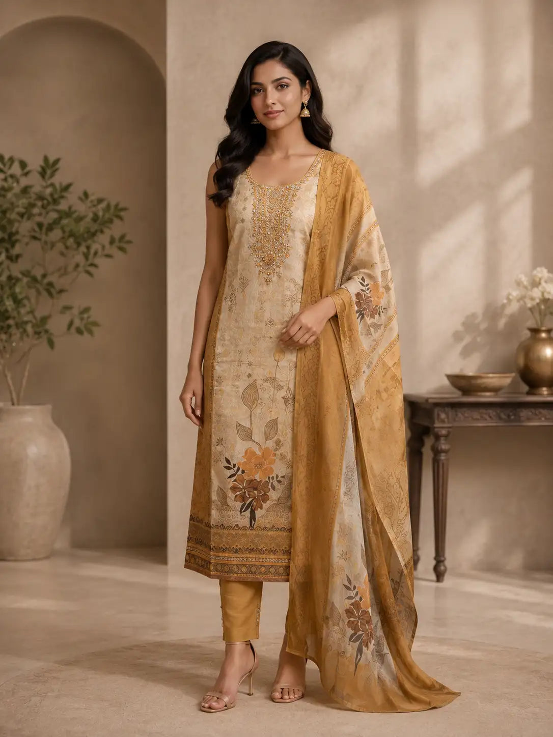 Mustard Beige Floral Printed Straight Suit Set with Dupatta