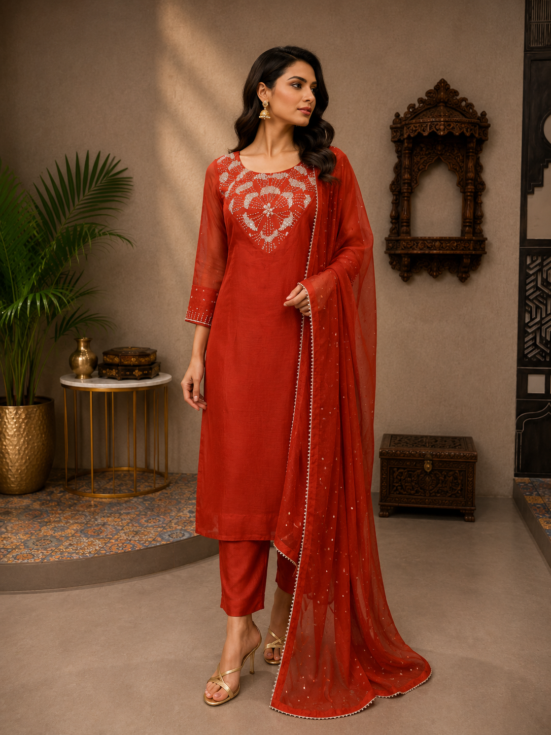 Women's Rust Red Mul Chanderi Embroidered Kurta Pant Set with Dupatta