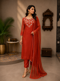 Women's Rust Red Mul Chanderi Embroidered Kurta Pant Set with Dupatta