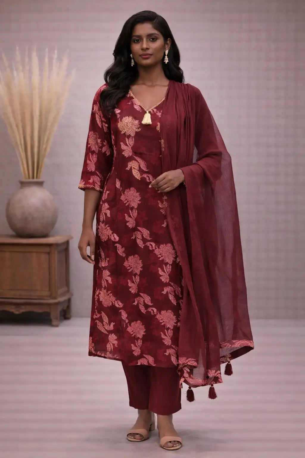 Women's Maroon Silk Floral Printed Kurta Pant Set with Dupatta
