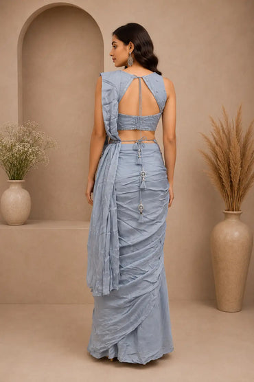 Dusty Blue Designer Draped Saree with Embroidered Blouse