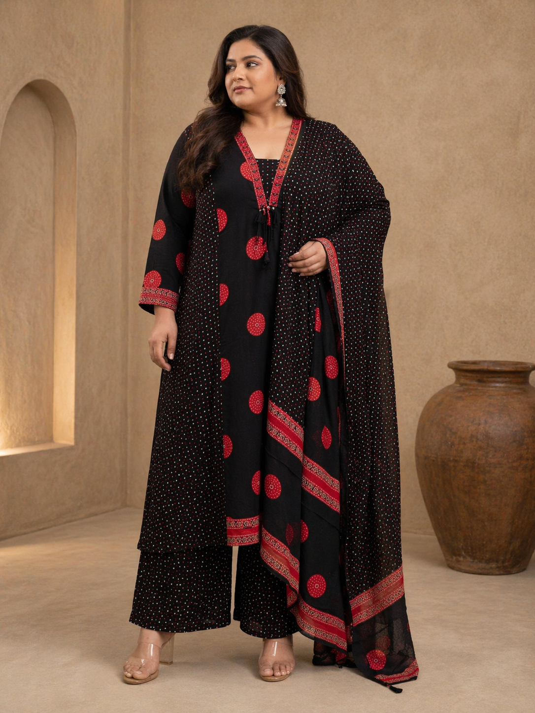 Women's Black & Red Printed Cotton Kurta Pant Set with Dupatta