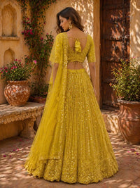 Yellow Embroidered Net Lehenga Set