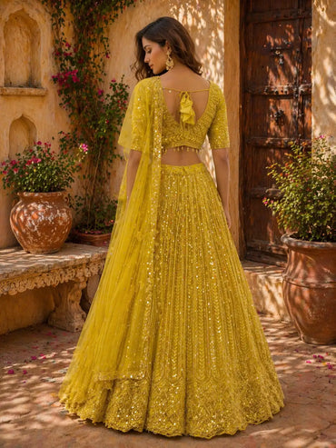 Yellow Embroidered Net Lehenga Set