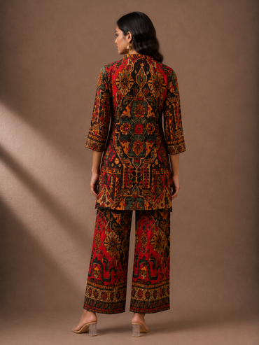 Multicolour Printed Silk Blend Kurta Pant Set