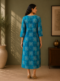 Teal Blue Muslin Silk Geometric Printed A-Line Dress for Women