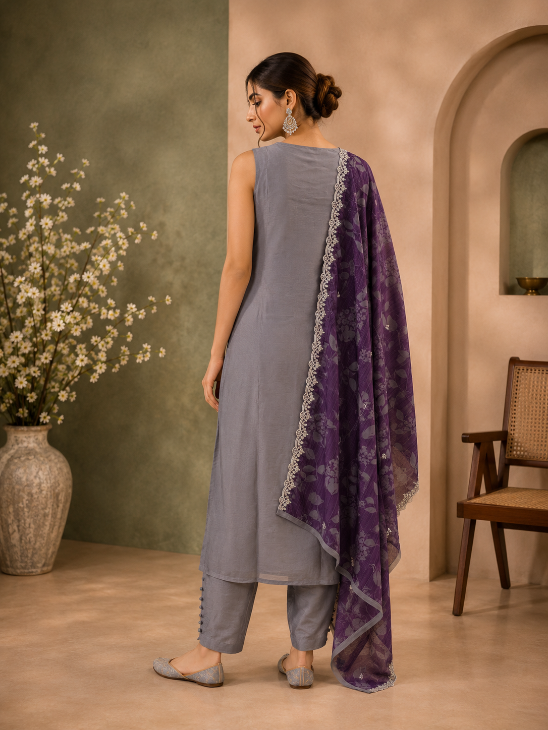 Grey Vichitra Silk Straight Suit Set with Purple Floral Printed Dupatta