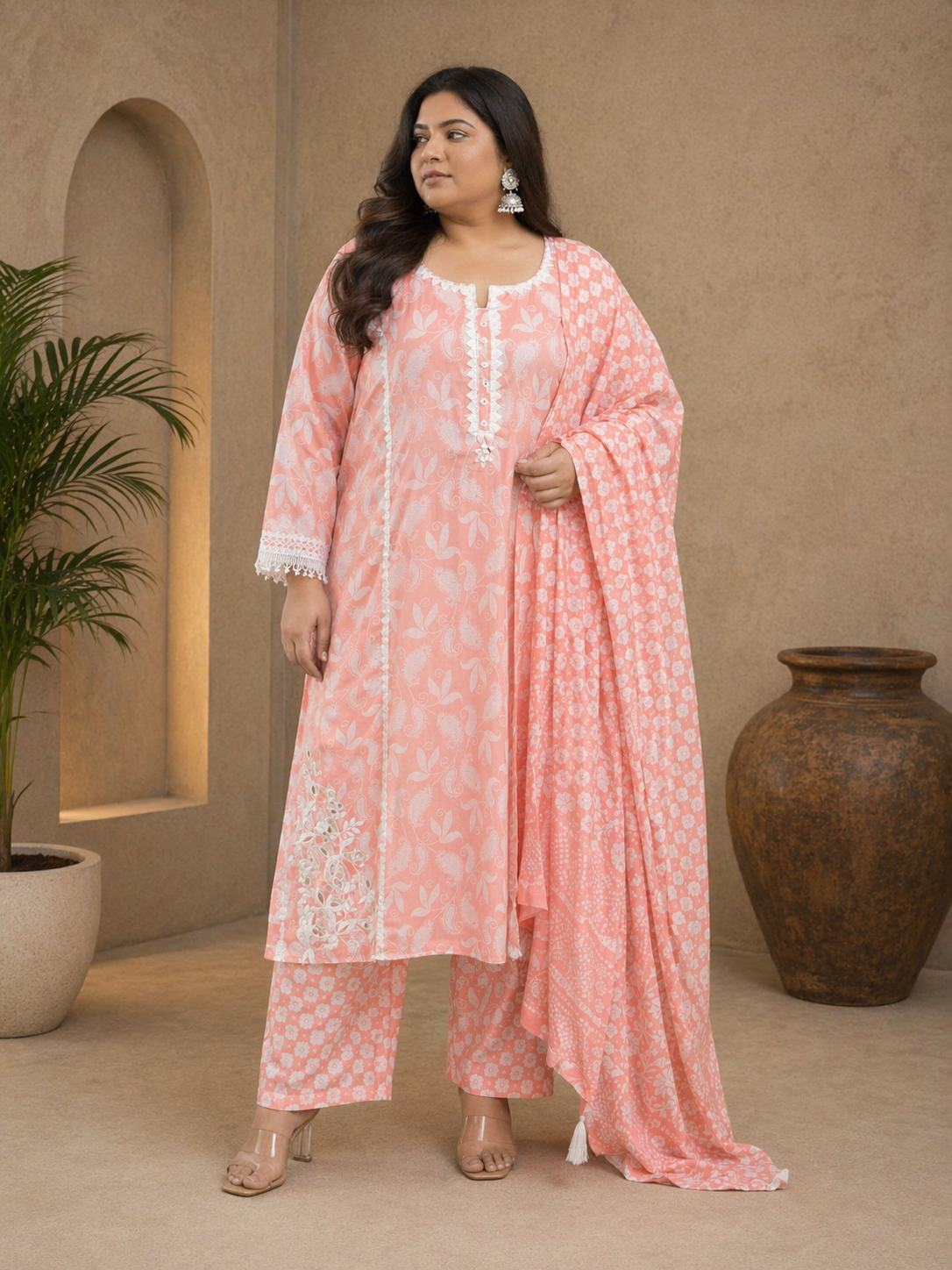 Women's Peach Printed Cotton Kurta Pant Set with Dupatta