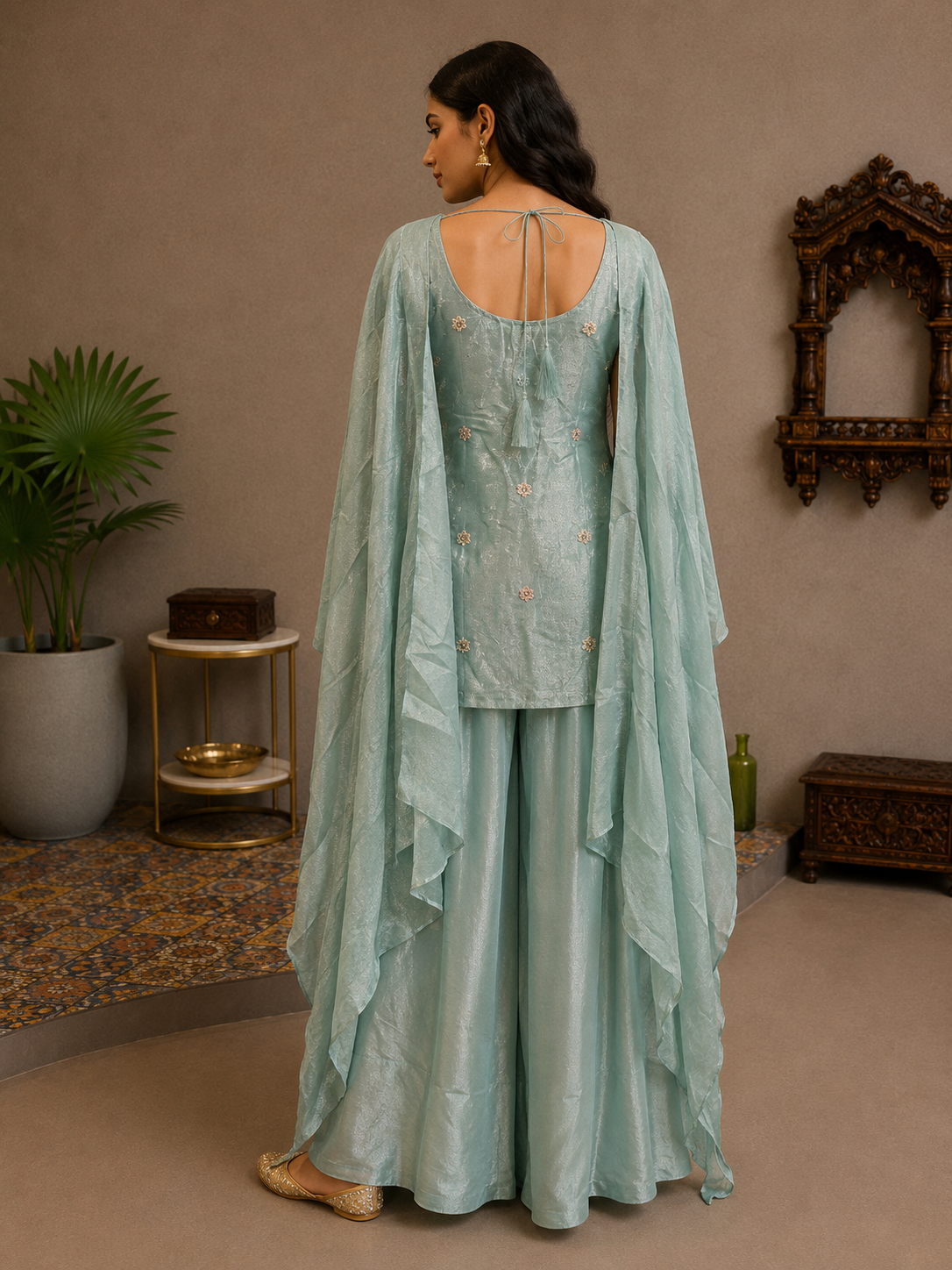 Seafoam Green Embroidered Silk Jacket Palazzo Set