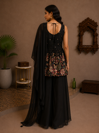 Black Silk Floral Peplum Palazzo Set