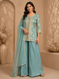 Aqua Blue Brocade Silk Sharara Suit Set with Embroidered Dupatta