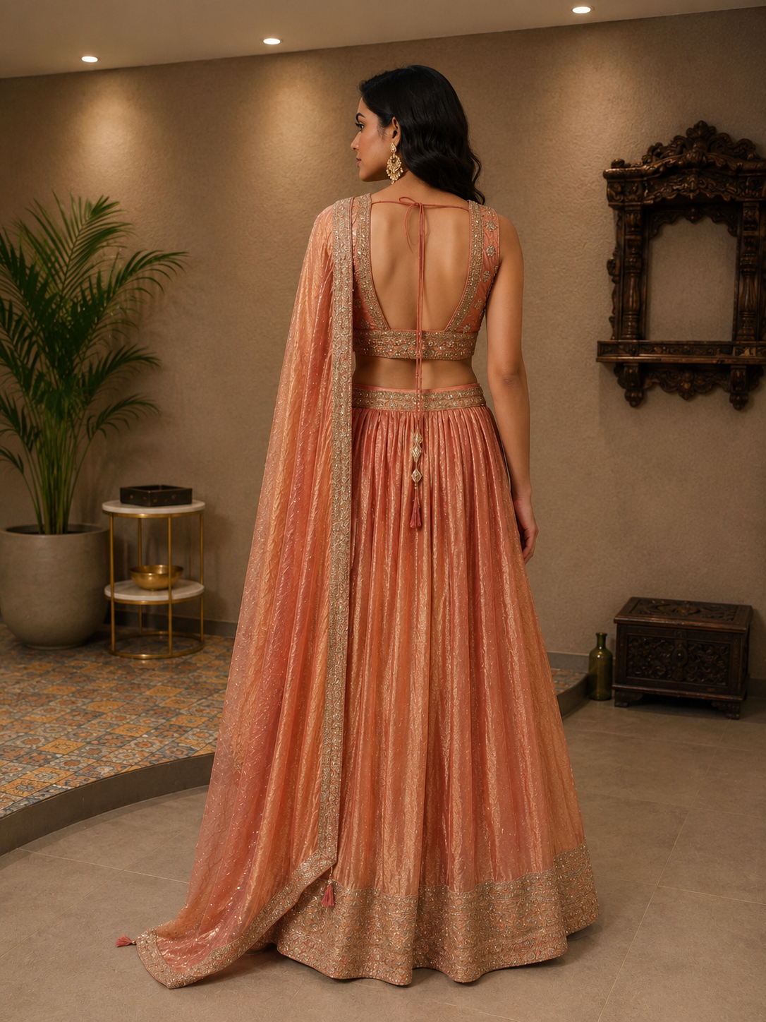 Peach Rose Embellished Tissue Lehenga Set