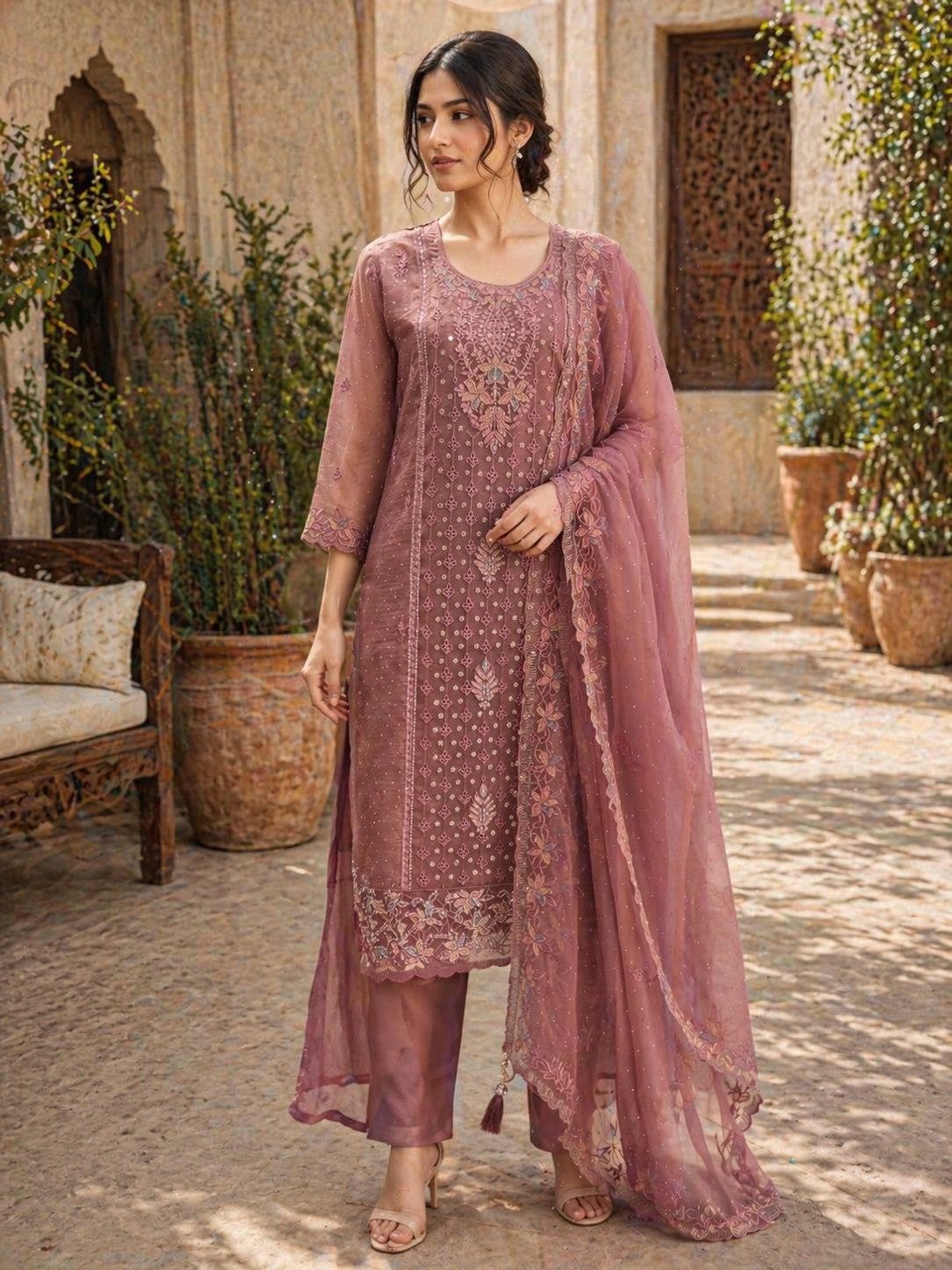 Dusty Rose Tissue Silk Embroidered Kurta Set with Sheer Dupatta