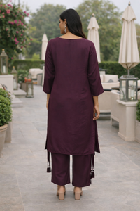 Deep Wine Silk Kurta Set with Metallic Embroidered V-Neck Detail