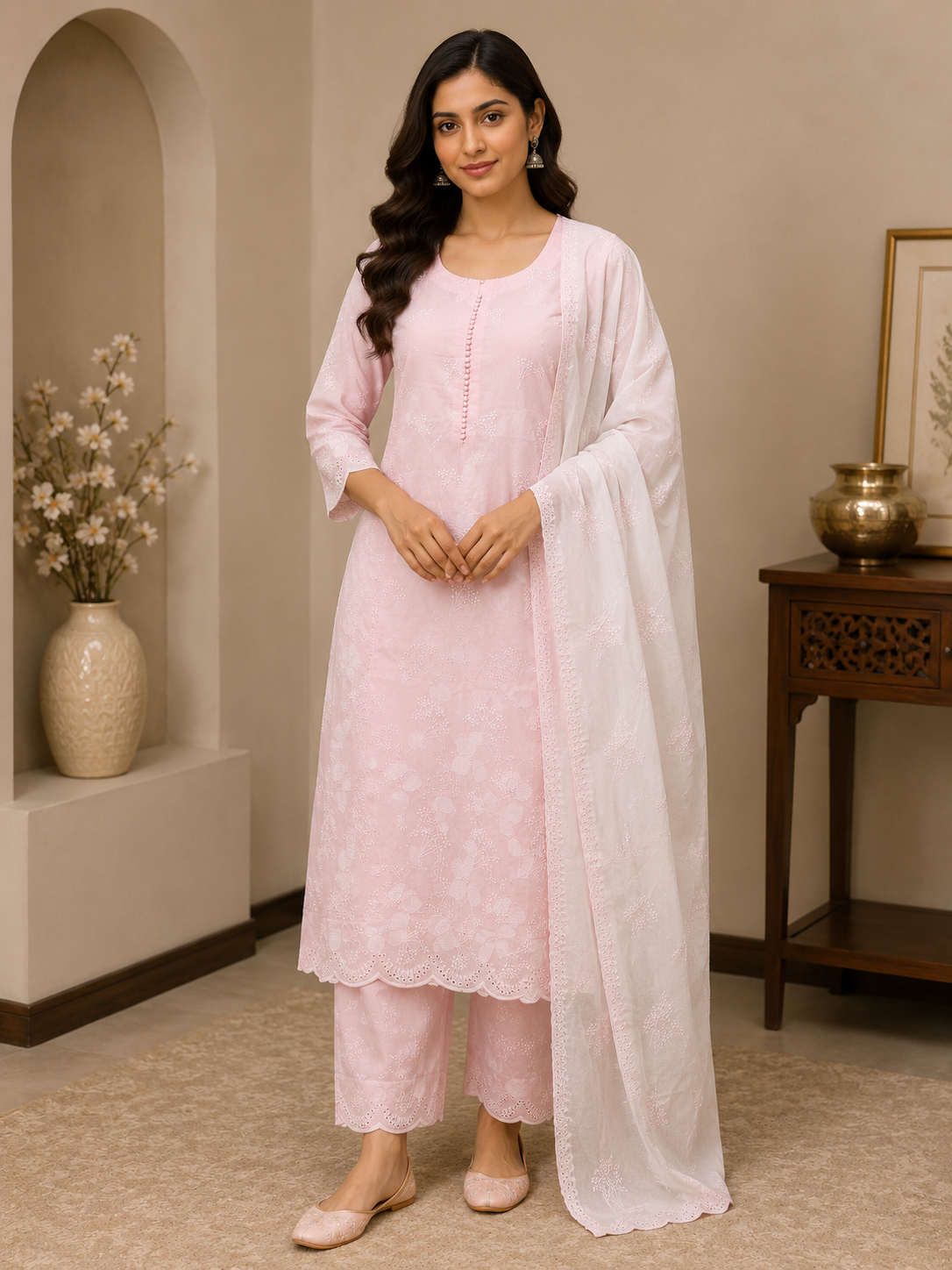 Blush Pink Cotton Floral Embroidered Kurta Pant Set with Dupatta