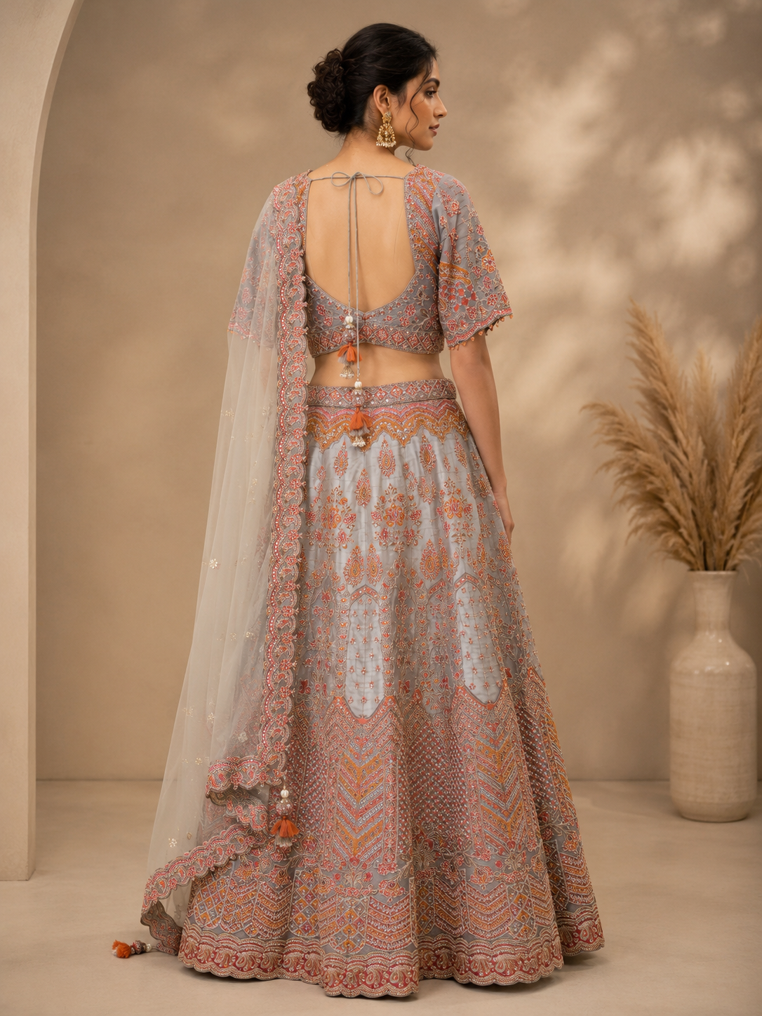 Grey Silk Designer Lehenga Choli with Heavy Traditional Embroidery & Net Dupatta